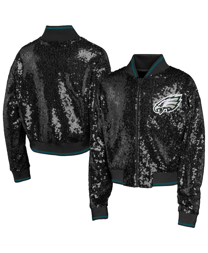 Shpo Youth Girl's Philadelphia Eagles Glam Squad Black Sequin Bomber Jacket For Sale