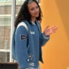 Side View of WNBA 2026 Azzi Fudd Custom Coach Blue Varsity Jacket