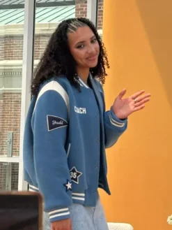 Side View of WNBA 2026 Azzi Fudd Custom Coach Blue Varsity Jacket