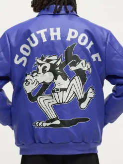 Southpole Midnight Riot Leather Varsity Jacket Royal