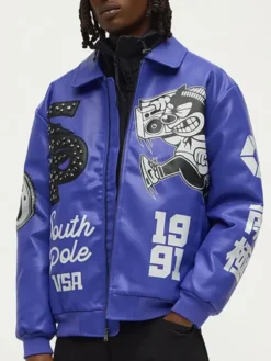 Southpole Midnight Riot Royal Leather Bomber Varsity Jacket