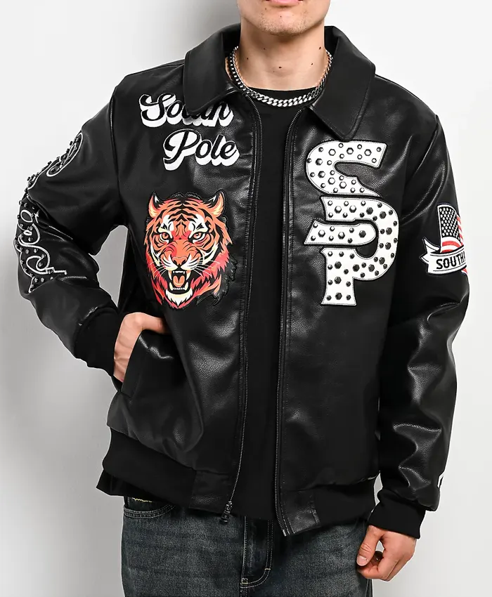 Southpole Stud Tiger Black Bomber Jacket For Men