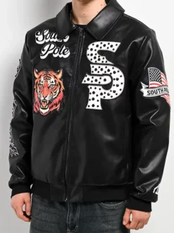 Southpole Stud Tiger Black Leather Bomber Jacket