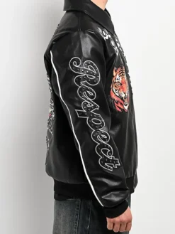 Southpole Stud Tiger Black Leather Bomber Jacket Side View