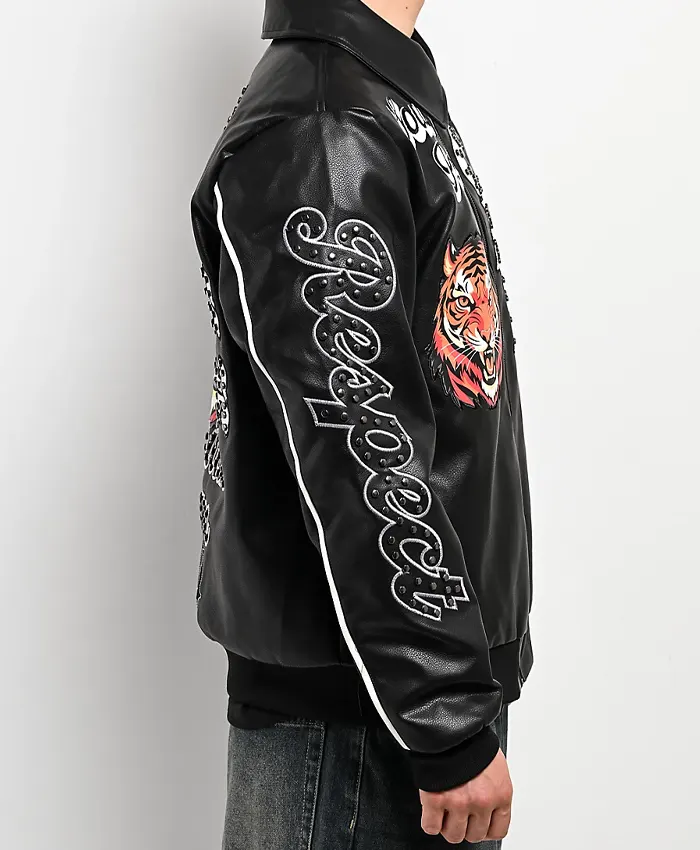 Southpole Stud Tiger Black Leather Bomber Jacket Side View