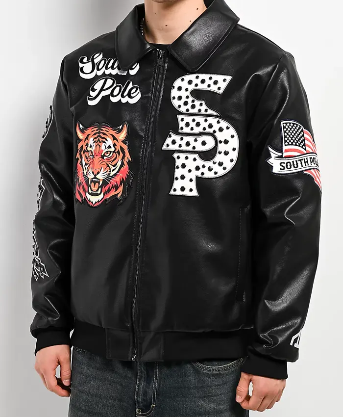 Southpole Stud Tiger Black Leather Bomber Jacket