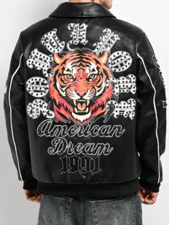 Southpole Stud Tiger Logo Black Leather Jacket