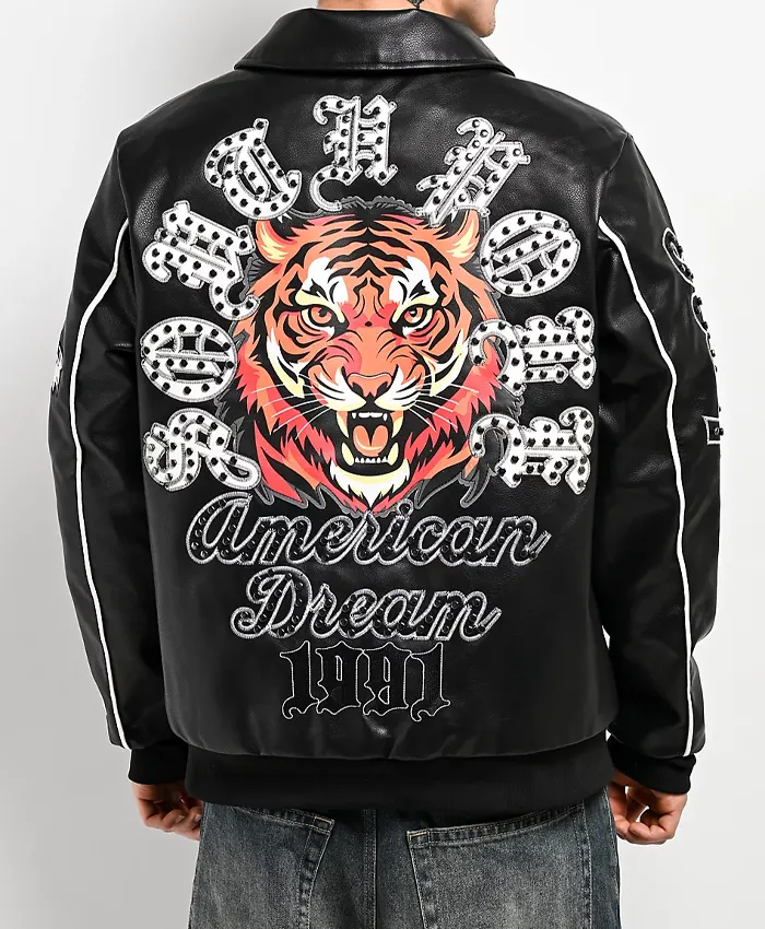 Southpole Stud Tiger Logo Black Leather Jacket