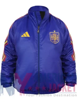 Spain FIFA World Cup 2026 Adidas Climacool Metallic Blue Pre-Match Jacket front view
