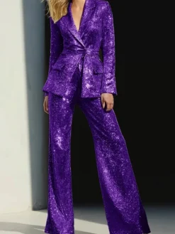 Sparkly 2 Pieces Sequin Notched Lapel Suit For Women