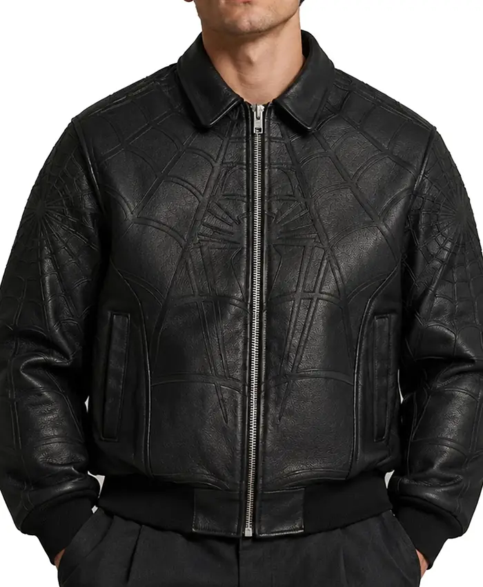 Spider-Man Brand New Day Black Sheepskin Leather Jacket for Cosplay with Classic Collar and Ribbed Cuffs
