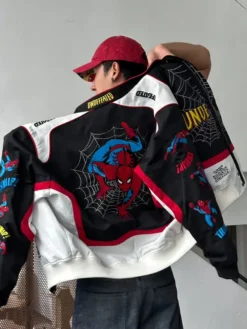 Spider-Man FW26 Black and White Cotton Varsity Jacket with full-length sleeves and two outside pockets
