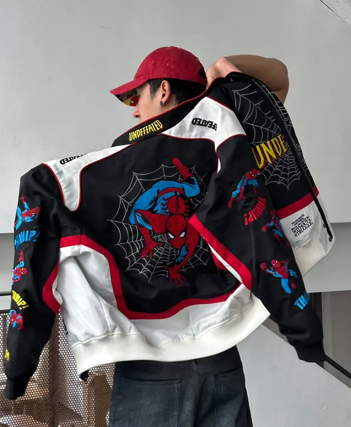 Spider-Man FW26 Black and White Cotton Varsity Jacket with full-length sleeves and two outside pockets