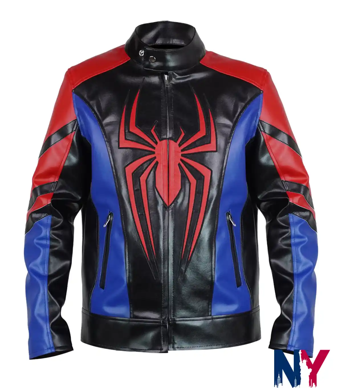 Spider-Man Halloween Black Red Blue Biker Cafe Racer Cosplay Leather Jacket front view