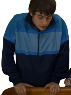 Spike Fearn Movie Finding Emily 2026 Owen Brompton Blue Track Bomber Jacket front view