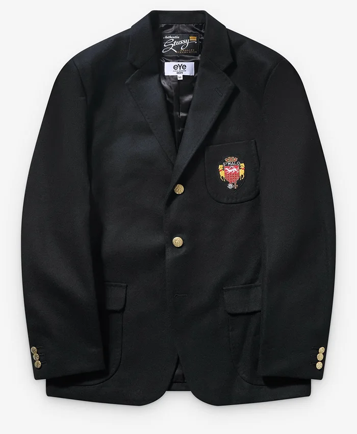 Stüssy x eYe Junya Watanabe Man Black Venus Swirl Suiting Fabric Blazer Jacket front view