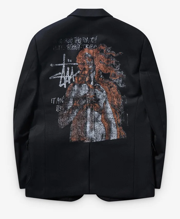 Stüssy x eYe Junya Watanabe Man Black Venus Swirl Suiting Fabric Jacket Blazer back view