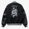 Stüssy x eYe Junya Watanabe Man Black Wool Leather Dragon Print Varsity Jacket back view
