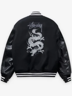 Stüssy x eYe Junya Watanabe Man Black Wool Leather Dragon Print Varsity Jacket back view