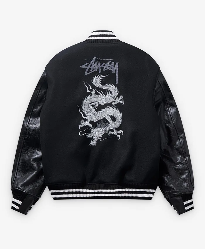 Stüssy x eYe Junya Watanabe Man Black Wool Leather Dragon Print Varsity Jacket back view