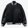 Stüssy x eYe Junya Watanabe Man Black Wool Leather Dragon Print Varsity Jacket front view