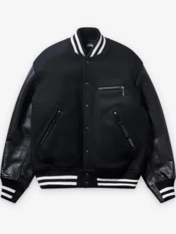 Stüssy x eYe Junya Watanabe Man Black Wool Leather Dragon Print Varsity Jacket front view
