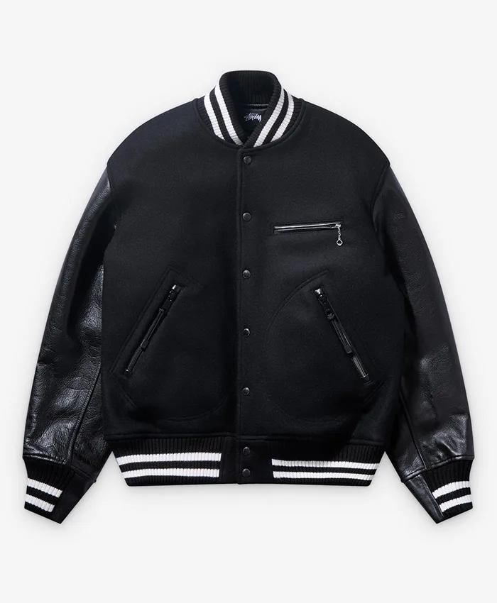 Stüssy x eYe Junya Watanabe Man Black Wool Leather Dragon Print Varsity Jacket front view