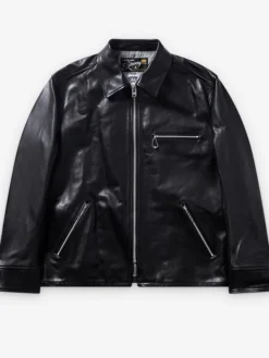 Stüssy x eYe Junya Watanabe Man Black Zip-Up Leather Jacket front view