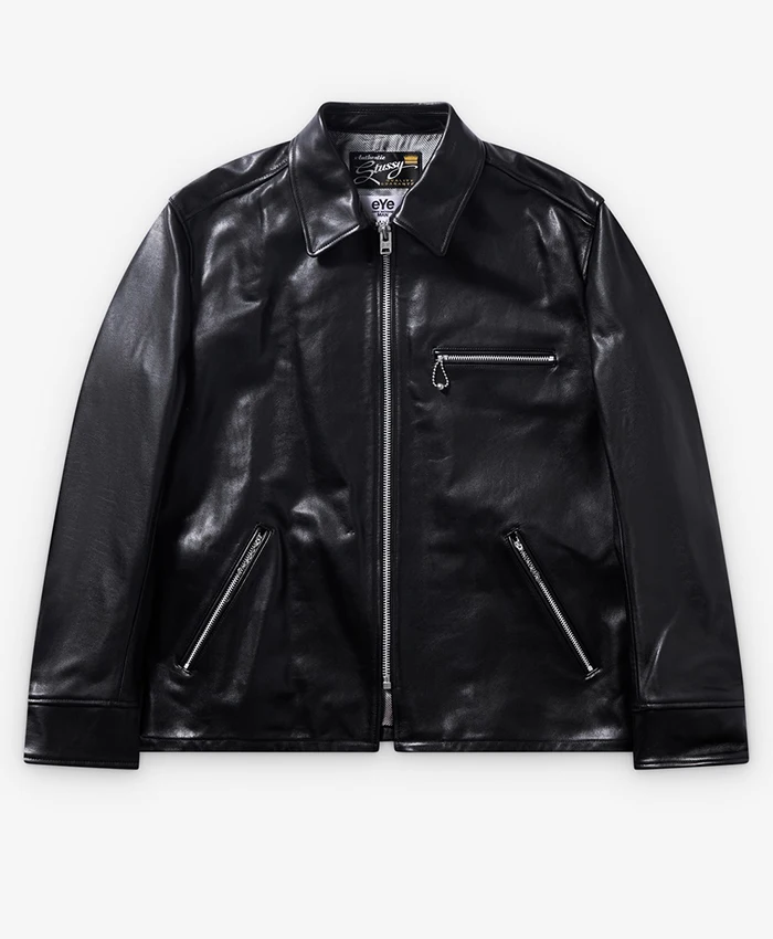 Stüssy x eYe Junya Watanabe Man Black Zip-Up Leather Jacket front view