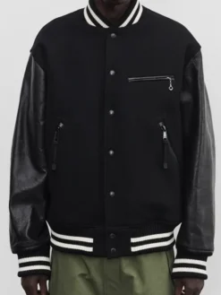 Stüssy x eYe Junya Watanabe Man Dragon Print Black Wool Leather Varsity Jacket front view