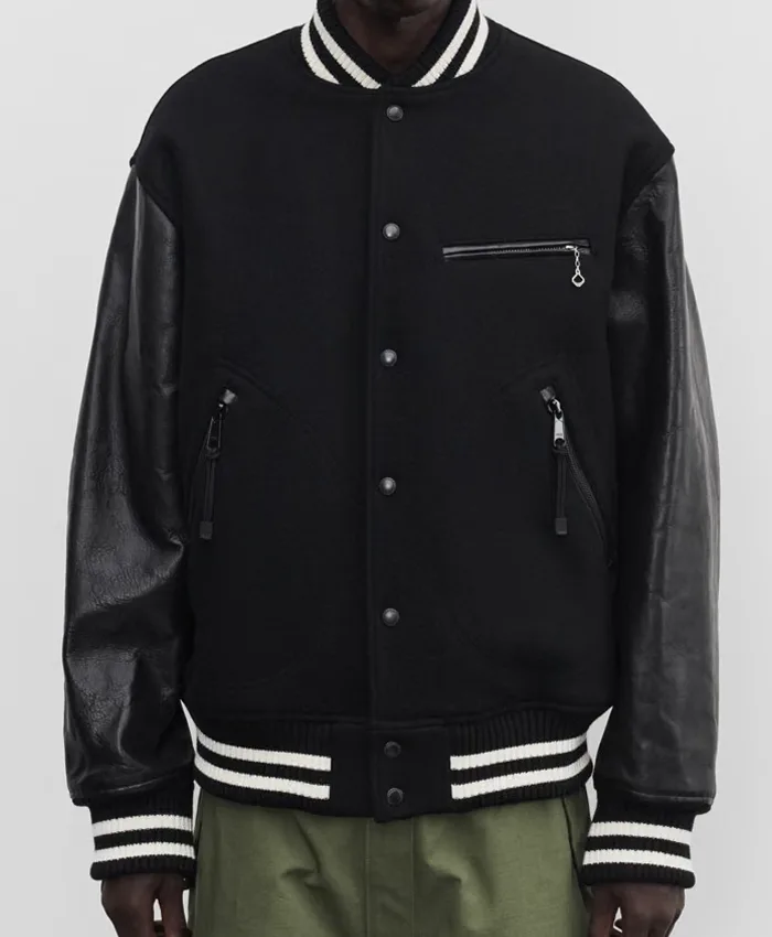 Stüssy x eYe Junya Watanabe Man Dragon Print Black Wool Leather Varsity Jacket front view