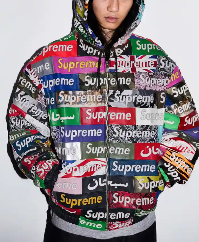 Supreme Fall-Winter 2026 Collection Hooded Teaser Patchwork Leather Jacket front view