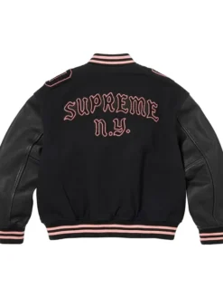 Supreme Fall-Winter 2026 N.Y. Captains Black Wool Leather Varsity Jacket back view