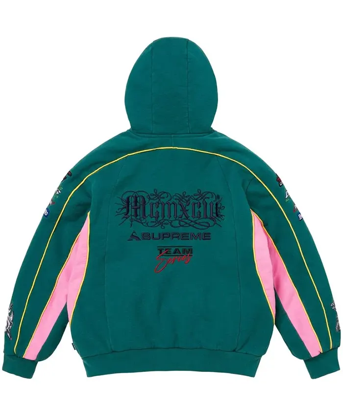 Supreme Fall-Winter 2026 Racing Lined Dark Teal Zip-Up Fleece Hooded Jacket back view