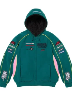 Supreme Fall-Winter 2026 Racing Lined Dark Teal Zip-Up Fleece Hooded Jacket front view