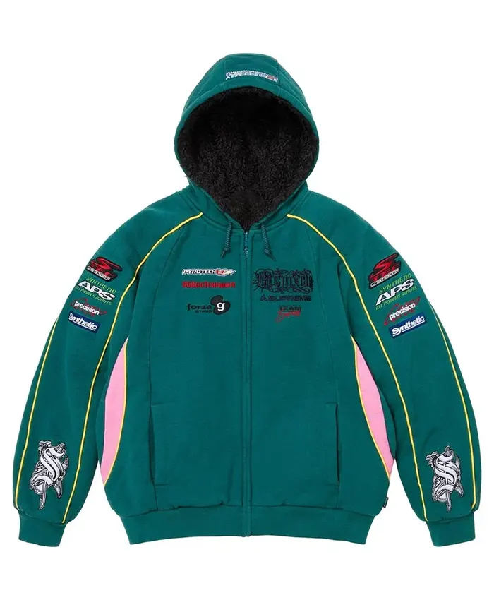 Supreme Fall-Winter 2026 Racing Lined Dark Teal Zip-Up Fleece Hooded Jacket front view