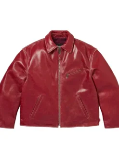 Supreme x Schott Fall-Winter 2026 Distressed Red Leather Jacket front view