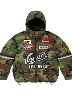 Supreme x Vanson Leathers 2026 Woodland Camo Cordura Down Puffer Jacket front view