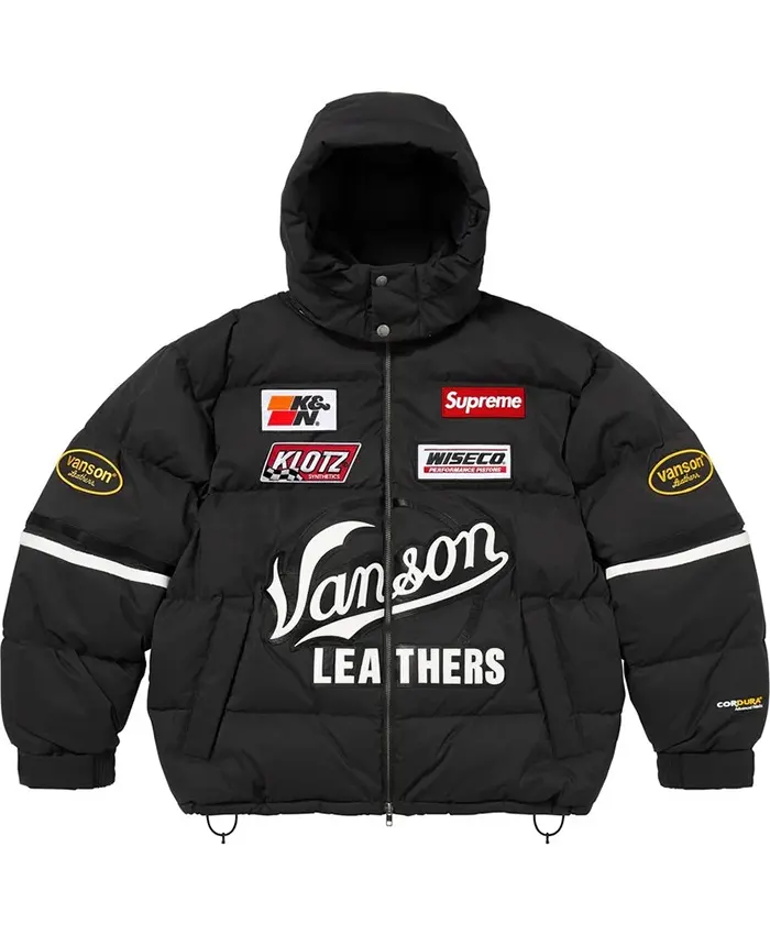 Supreme x Vanson Leathers Winter 2026 Black Cordura Down Hooded Puffer Jacket front view