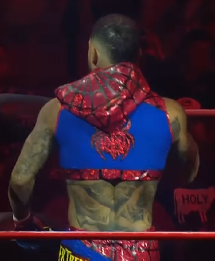 TNA-Lockdown-2026-Trey-Miguel-Red-and-Blue-Spider-Man-Hooded-Vest-Back