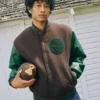 Timberland Brown And Green Tree Logo Wool Leather Letterman Varsity Jacket front view