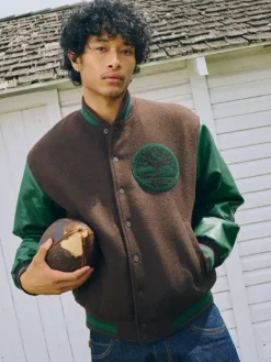 Timberland Brown And Green Tree Logo Wool Leather Letterman Varsity Jacket front view