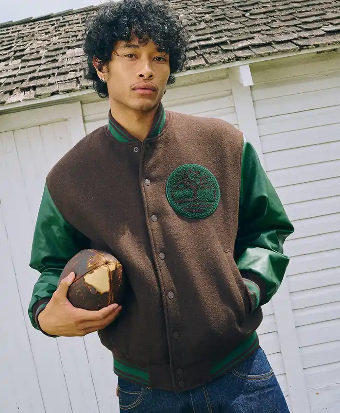 Timberland Brown And Green Tree Logo Wool Leather Letterman Varsity Jacket front view