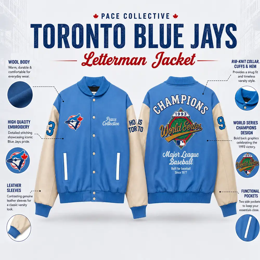 Toronto Blue Jays Peace Collective 1993 MLB World Series Champions Varsity Jacket Infographic