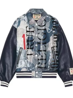 True Religion Fall 2026 No. 1 Logo Denim Indigo Print Bomber Leather Jacketfront view