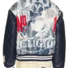 True Religion Fall 2026 No. 1 Logo Denim Indigo Print Leather Bomber Jacket back view