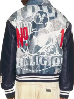 True Religion Fall 2026 No. 1 Logo Denim Indigo Print Leather Bomber Jacket back view
