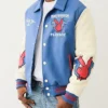 True Religion Playboy Blue Leather Bomber Varsity Jacket Mens