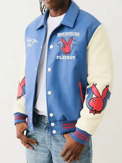 True Religion Playboy Blue Leather Bomber Varsity Jacket Mens