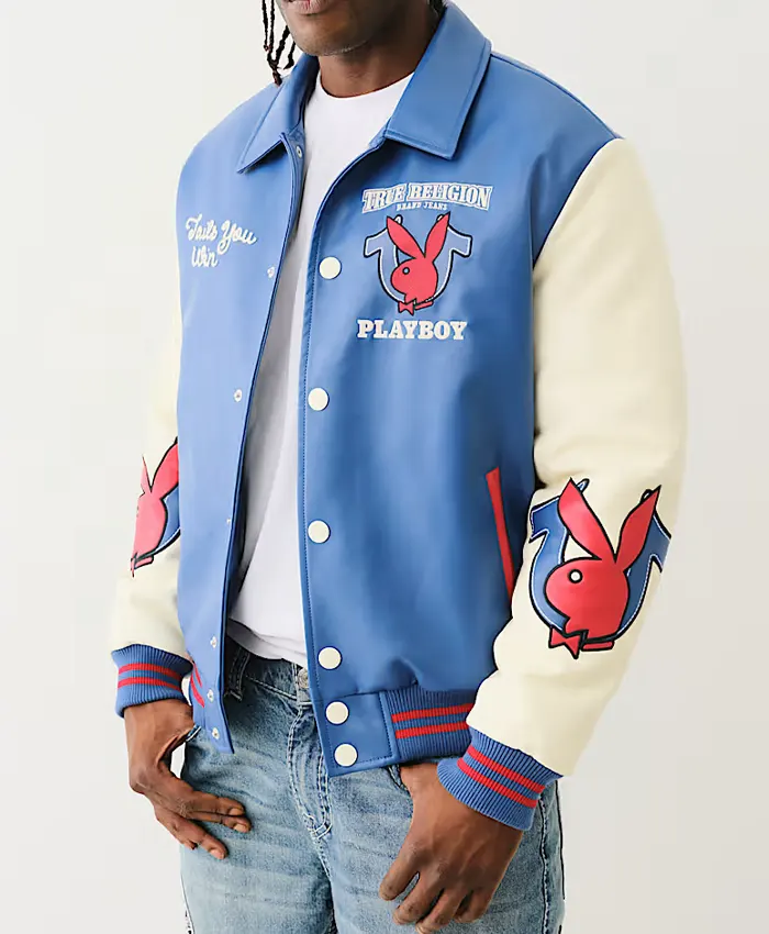 True Religion Playboy Blue Leather Bomber Varsity Jacket Mens
